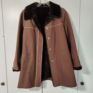 VTG 70s 80s USA Union Made Brown Faux Fur Lined Ranch Coat Womens L / XL